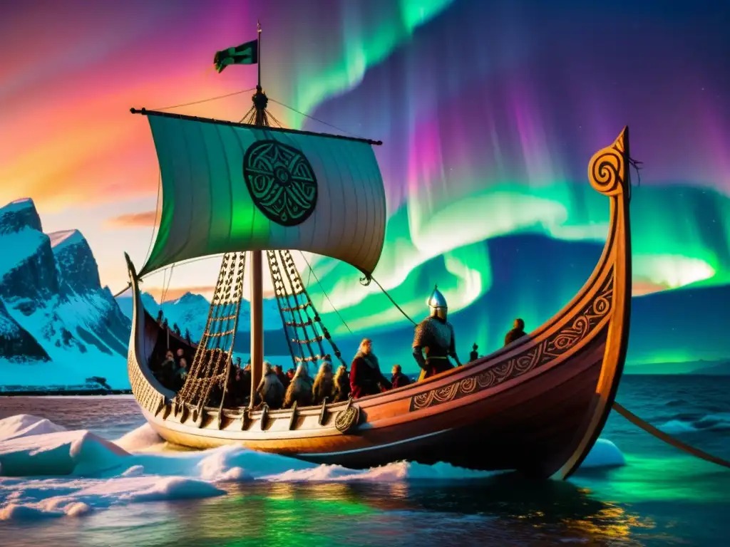 Barcos solares vikingos misteriosos en auroras boreales y guerreros navegando en el mar