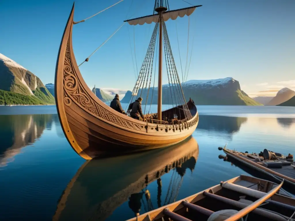 Conservación de barcos vikingos para generaciones futuras: Equipo restaurando una majestuosa nave vikinga en un fiordo nórdico al atardecer