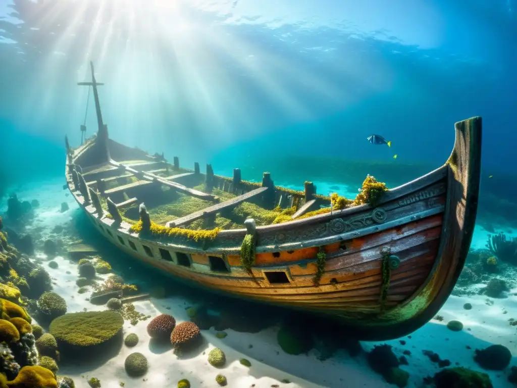 Barcos vikingos hundidos secretos: Belleza mística de un navío vikingo cubierto de vida marina en el fondo del mar