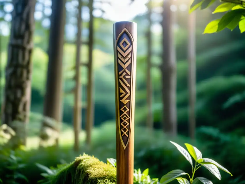 Un bastón de madera tallado con símbolos rúnicos del Futhark antiguo para prácticas espirituales, en un bosque verde y luminoso