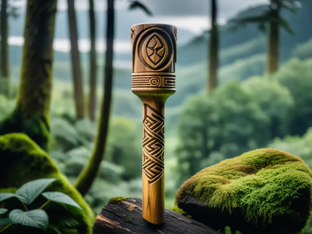 Vara rúnica ancestral en bosque nórdico Un bastón rúnico de madera con símbolos nórdicos antiguos, en un bosque verde bajo cielo nublado