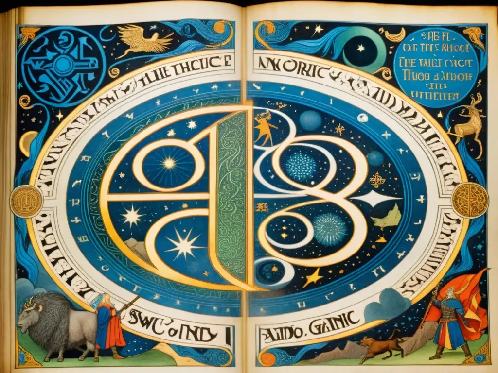 Batalla épica de los dioses nórdicos y gigantes en manuscrito iluminado Batalla épica entre dioses nórdicos y gigantes, con detalles asombrosos y elementos cósmicos, inspirada en la 'Reseña Edda Poética vikinga'