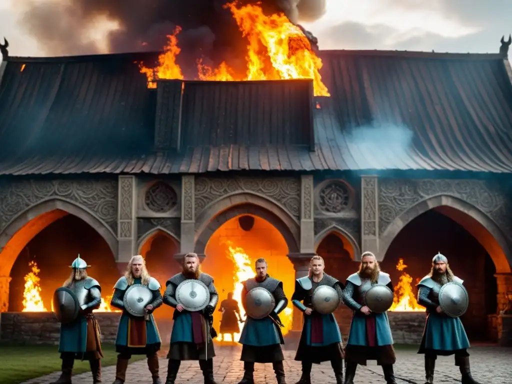 Batalla épica entre guerreros vikingos y monjes asustados en un monasterio en llamas