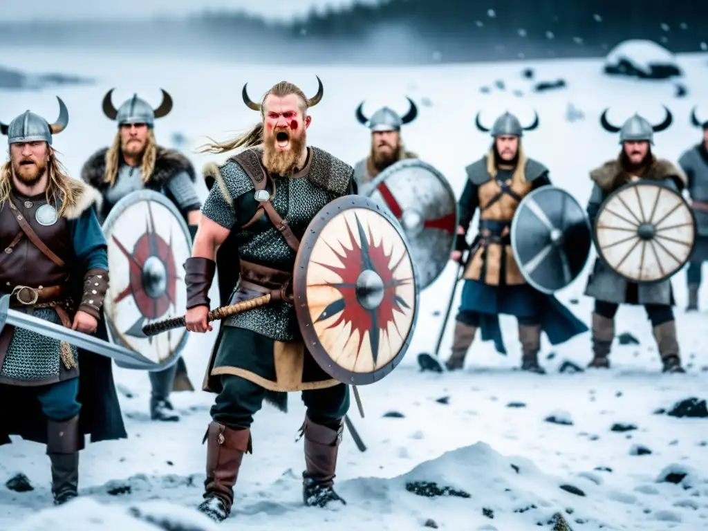 Batalla épica de guerreros vikingos en paisaje nevado, reflejando las brutales guerras civiles vikingas menos conocidas