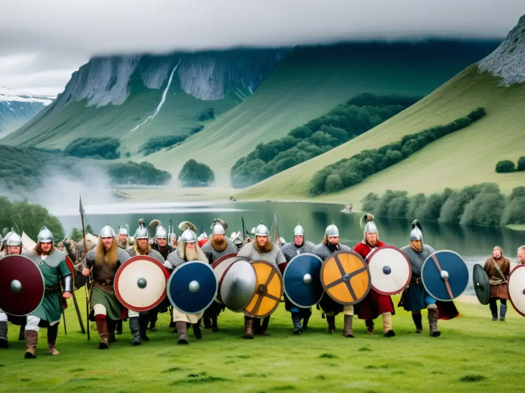 Batalla épica de guerreros vikingos en festival, entre montañas nevadas y bosques verdes