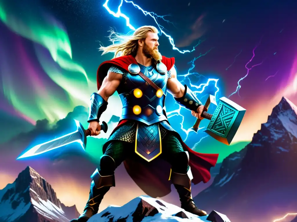 Épica ilustración de batalla con guerrero nórdico y Martillo de Thor bajo auroras boreales