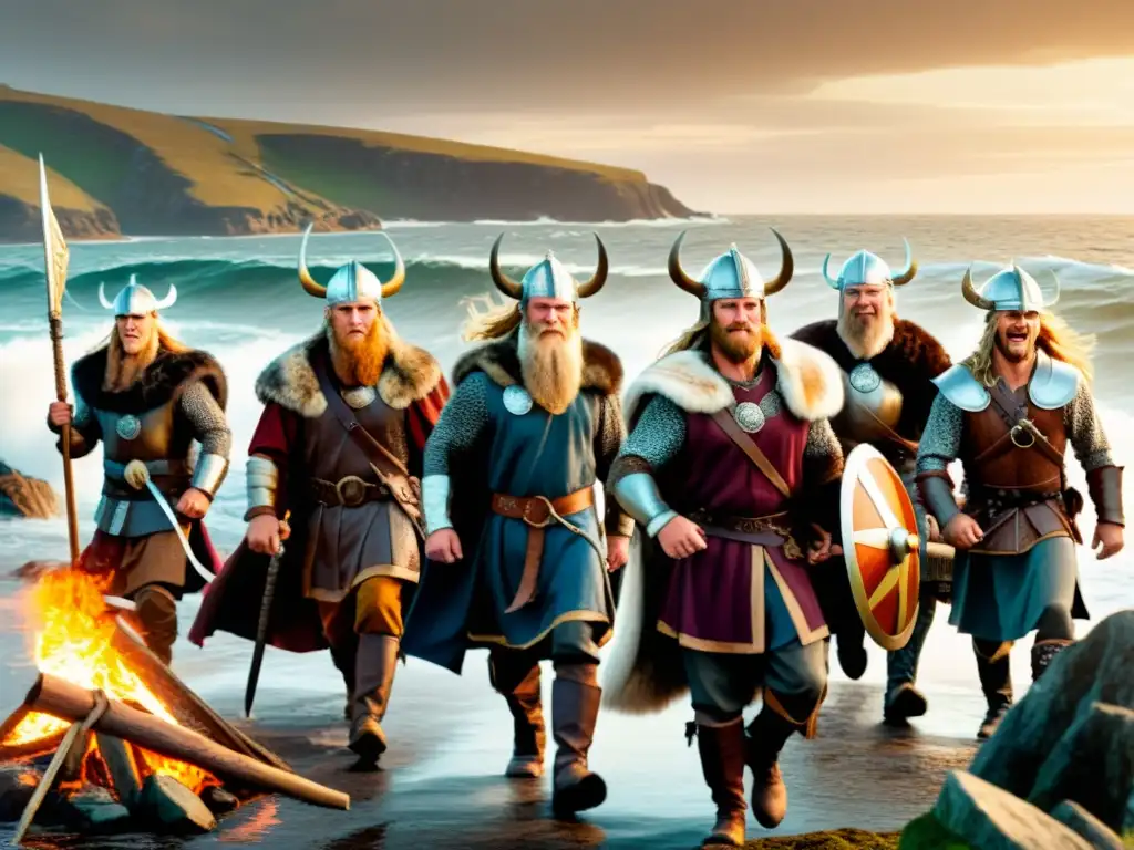 Tras una batalla, guerreros vikingos celebran victoria en festividades vikingas tradiciones rituales