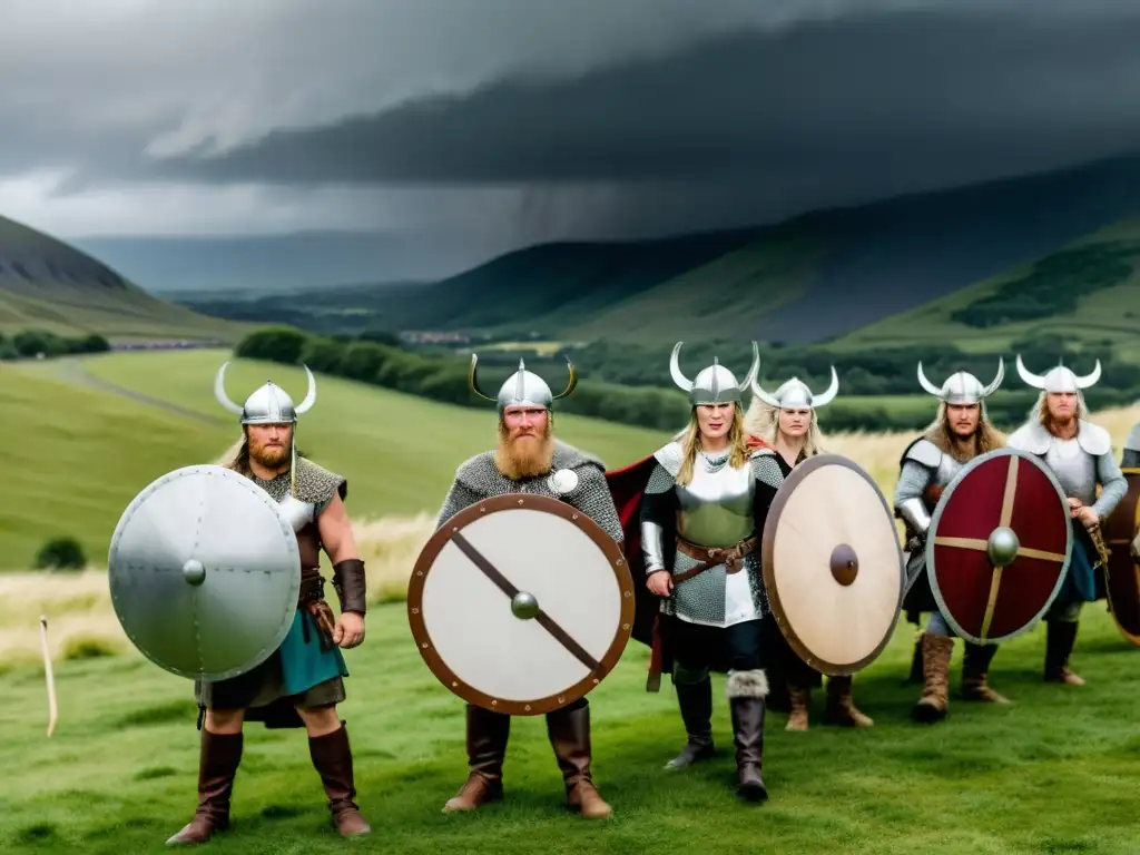 Batalla vikinga en festival actual, guerreros y doncellas con trajes históricos en paisaje verde bajo cielo tormentoso