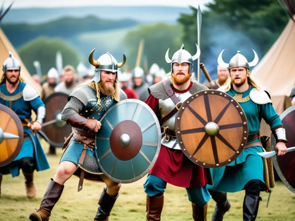 Batalla vikinga en festival histórico con guerreros, armaduras y mercado medieval