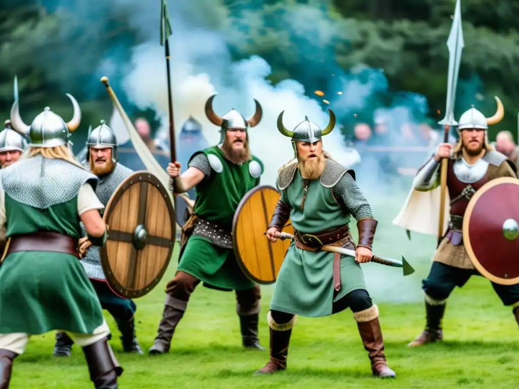 Recreación de batalla vikinga en el mundo moderno, con trajes y armas auténticos en un bosque verde exuberante