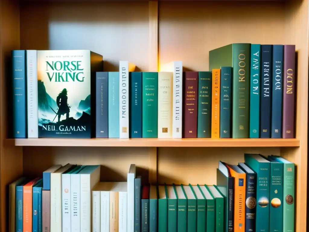 Una biblioteca acogedora llena de libros sobre Ragnarök y mitología vikinga, iluminada suavemente