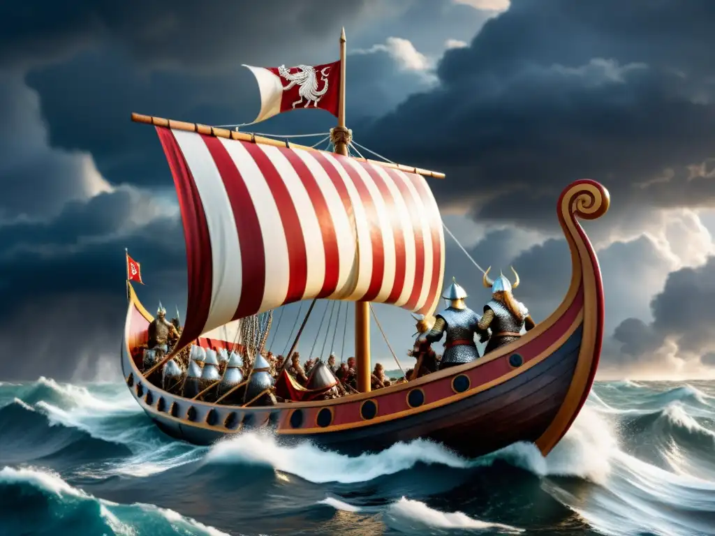 Biografías figuras míticas vikingas literatura: Vikingos en un barco en alta mar durante tormenta con guerreros y velas rojas y blancas