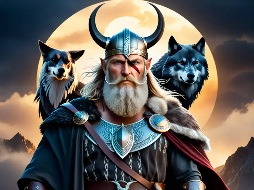 Biografías figuras míticas vikingas literatura: Ilustración detallada del dios vikingo Odín con sus lobos y cuervos en paisaje nórdico místico