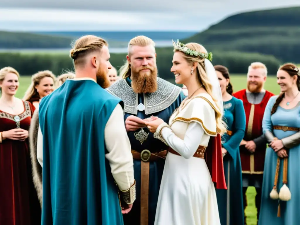 Una boda vikinga al aire libre con amor y lealtad en matrimonio vikingo, novios intercambiando votos rodeados de invitados en atuendos históricos