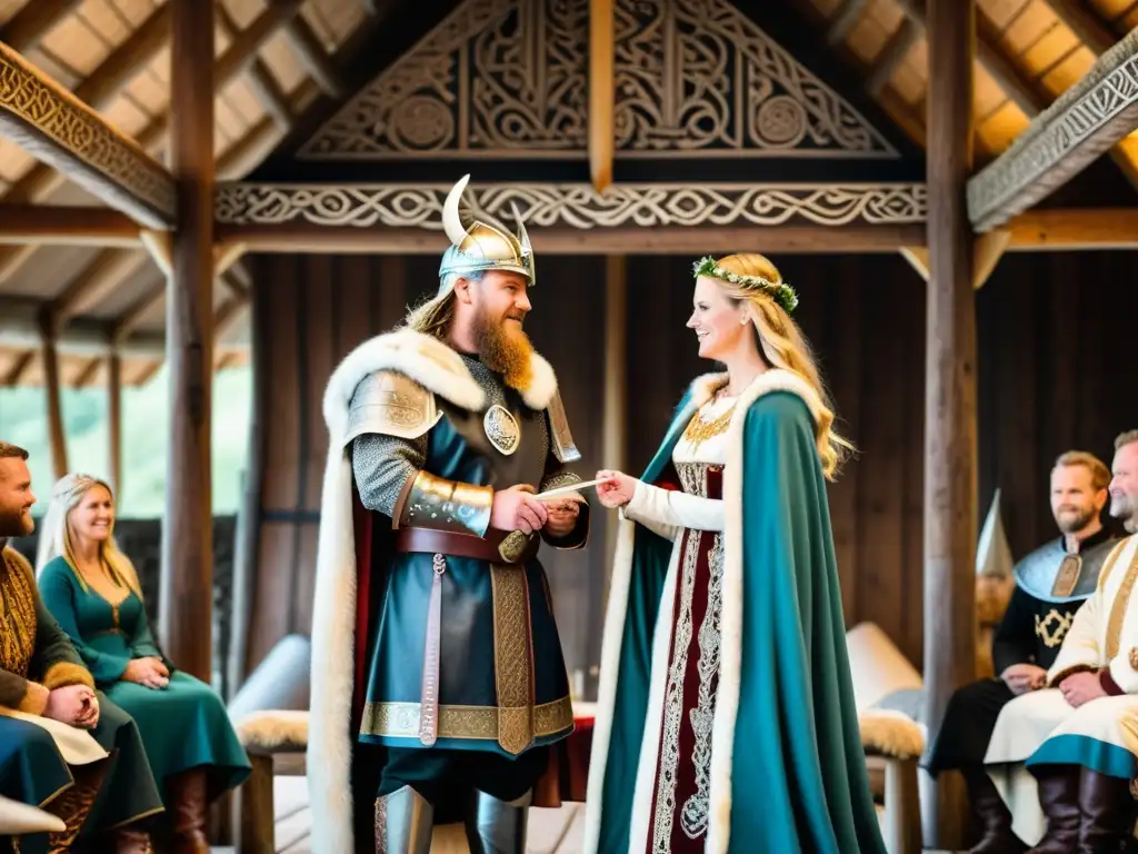 Una boda vikinga en una estructura tradicional, con la palabra clave 'Uniones matrimoniales estratégicas vikingas'