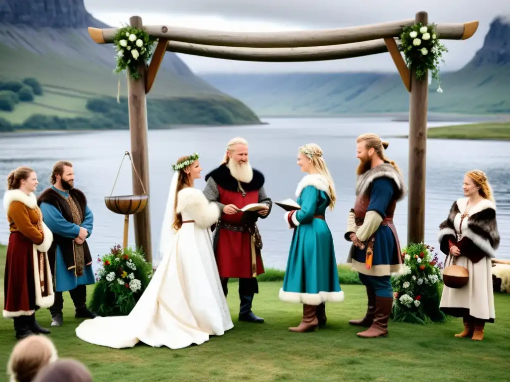 Una boda vikinga llena de amor y lealtad en un paisaje nórdico rústico, con una ceremonia detallada y un barco vikingo al fondo