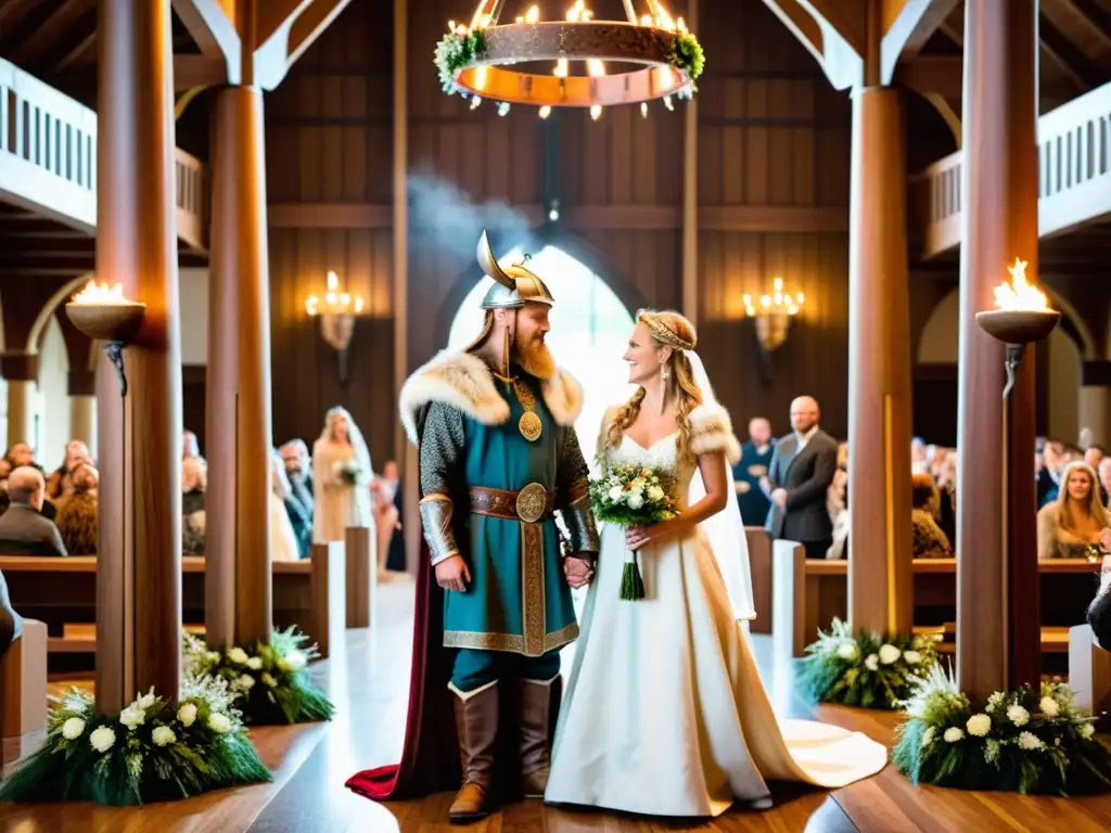 Una boda vikinga lujosa en un gran salón, con vestimenta tradicional, intercambio de votos y brindis con cuernos de bebida