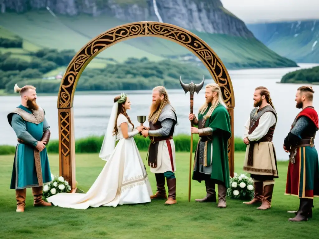 Una boda vikinga en un prado verde, con pareja intercambiando votos bajo un arco de madera tallado con runas