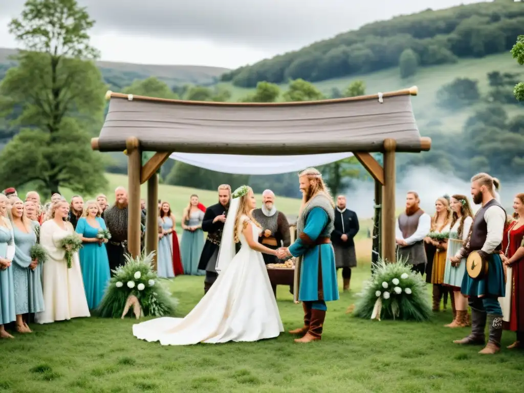 Una boda vikinga tradicional se celebra en un prado verde con árboles altos, destacando la importancia del matrimonio en vikingos