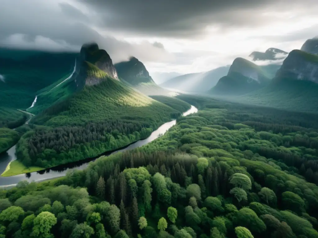 Un bosque nórdico exuberante bajo un cielo nublado, con un río sereno y montañas misteriosas