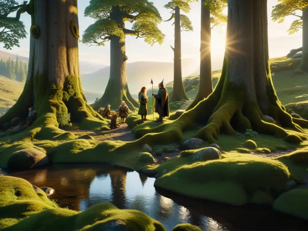 Bosque nórdico mágico con elfos y enanos: escena encantadora al atardecer Un bosque nórdico mágico con elfos y enanos en una animada charla junto al arroyo al atardecer