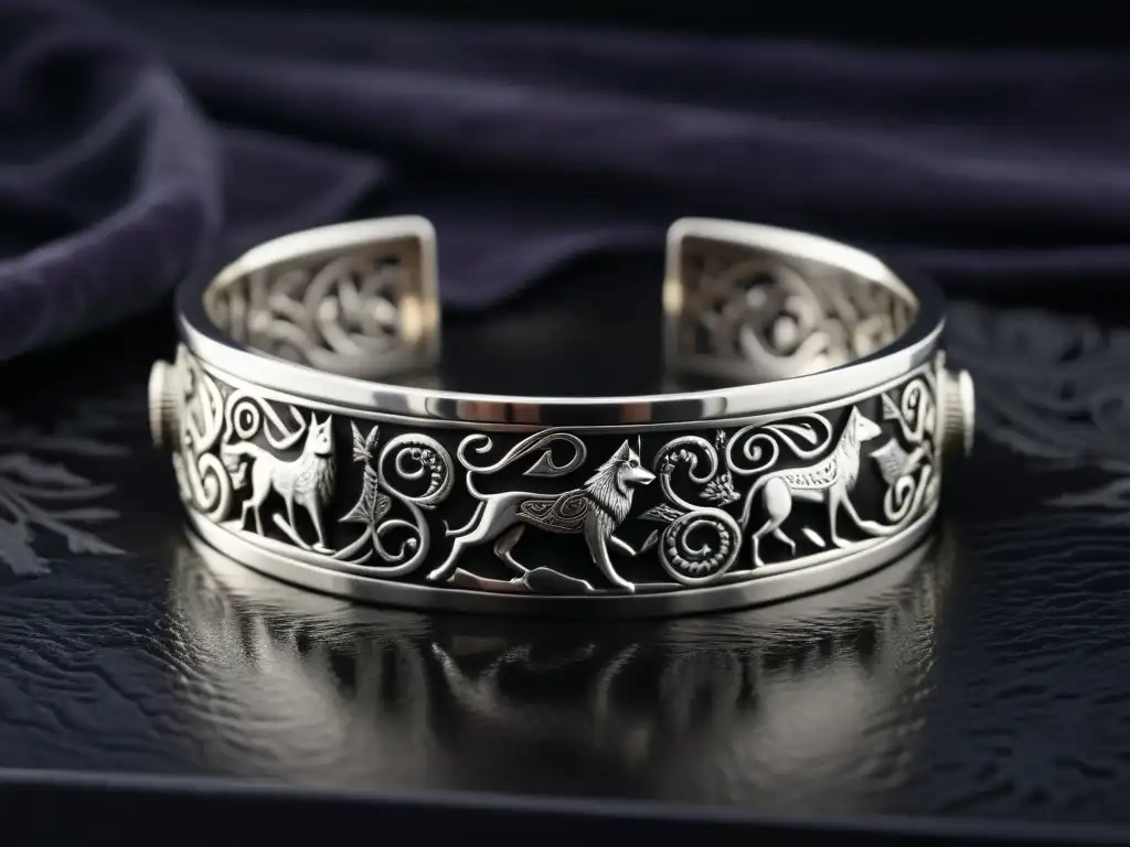 Un brazalete plateado con intrincados nudos nórdicos, cuervos y lobos, sobre terciopelo oscuro