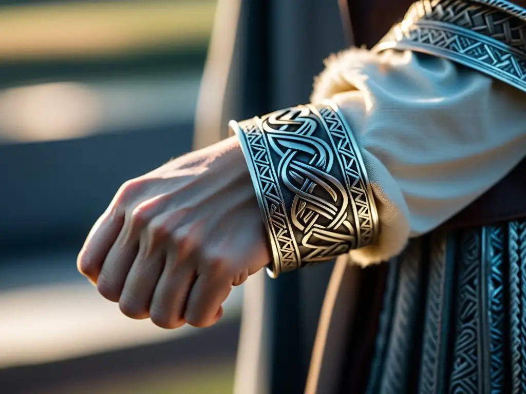 Un brazalete vikingo de fuerza en plata con intrincados diseños y grabados rúnicos, resaltando la artesanía ancestral bajo la luz solar