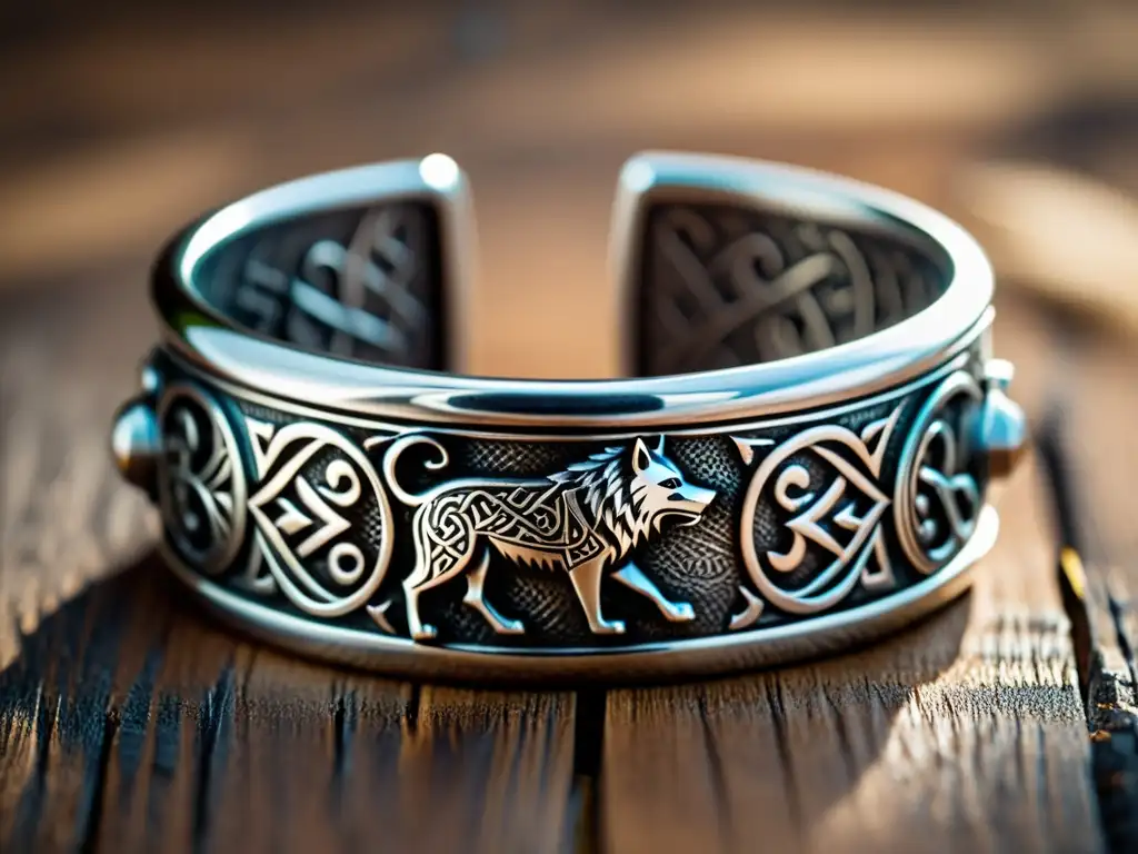 Brazalete vikingo de plata con símbolos nórdicos como Mjölnir y lobos grabados, sobre fondo de madera rústica