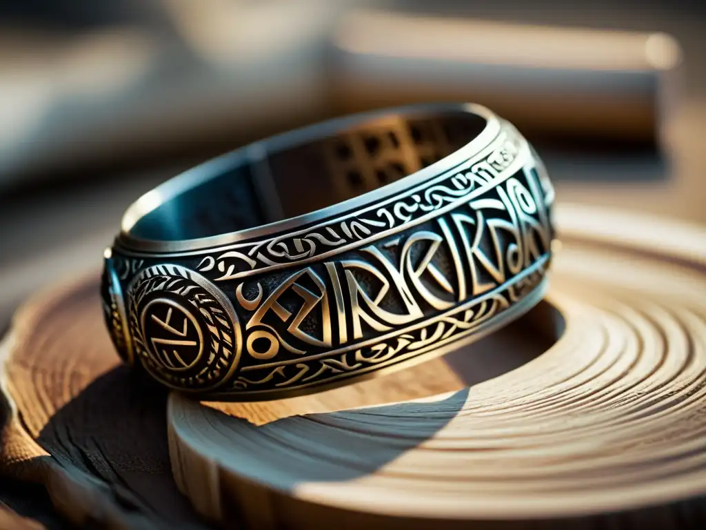 Un brazalete vikingo tallado con inscripciones rúnicas y diseños nórdicos, resaltando mensajes ocultos en joyas vikingas