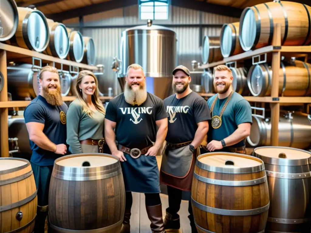 Brewers vikingos crean cerveza en fábrica rústica con decoración nórdica