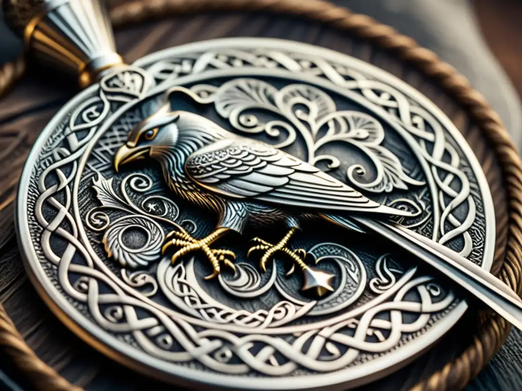 Vajilla vikinga de plata: símbolos nórdicos en detalles Brillante platería vikinga para comidas auténticas con grabados de símbolos nórdicos como cuervos y dragones