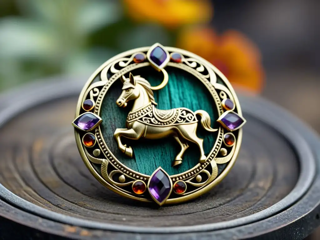 Broche vikingo exquisitamente detallado con filigrana y motivos animales, adornado con gemas coloridas