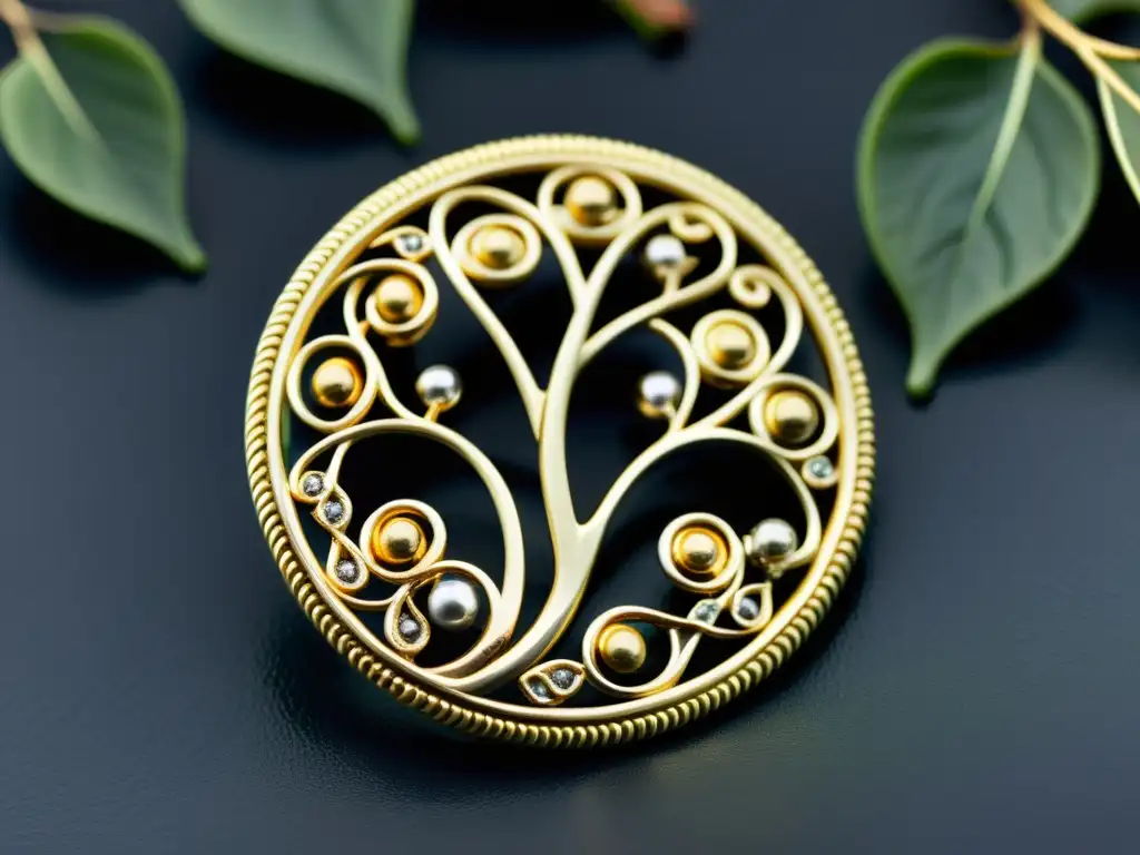 Broche Vikingo de Árbol en Plata y Oro - Detalles Intrincados Un broche vikingo detallado, con forma de rama de árbol entrelazada, decorado con hojas y bayas, en plata y oro