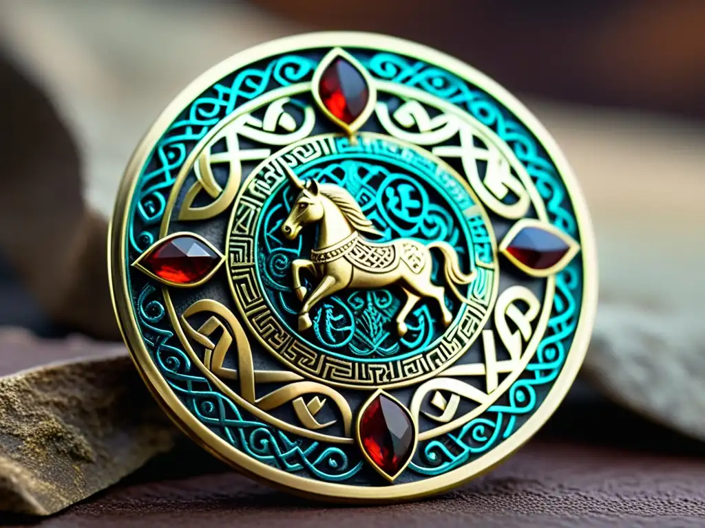 Un broche vikingo detallado con patrones geométricos y motivos animales, adornado con gemas brillantes sobre inscripciones rúnicas antiguas, revelando el significado oculto de la joyería vikinga