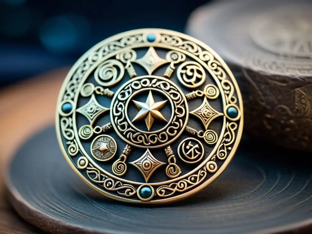 Un broche vikingo detallado con símbolos celestiales, reflejando la astrología en la joyería vikinga