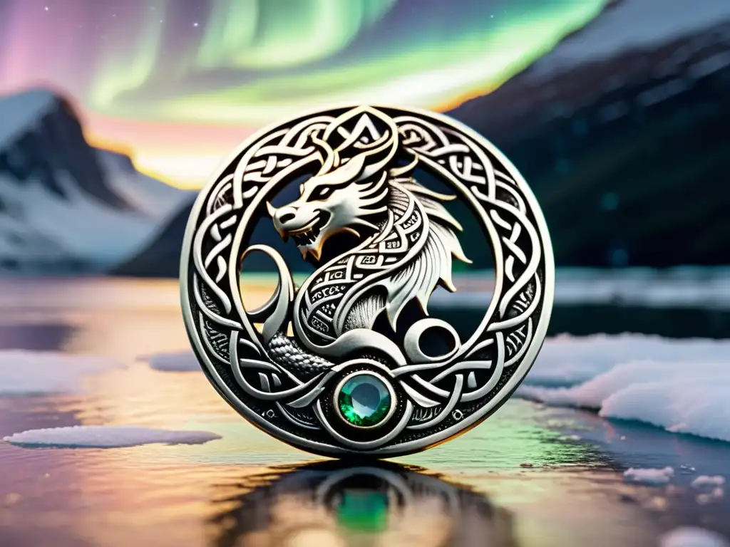 Broche vikingo con dragón y nudos celtas en un fiordo místico bajo la aurora boreal