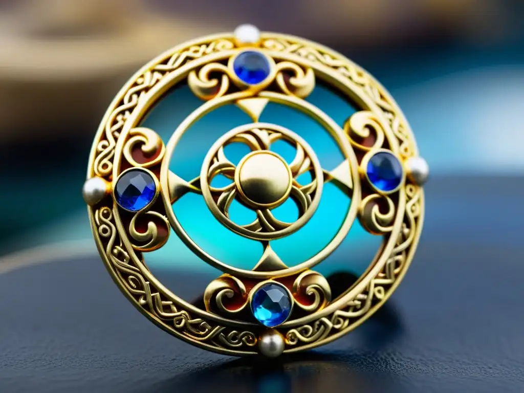 Un broche vikingo de oro y cuentas de colores, muestra el arte y comercio de joyas vikingas en un animado mercado