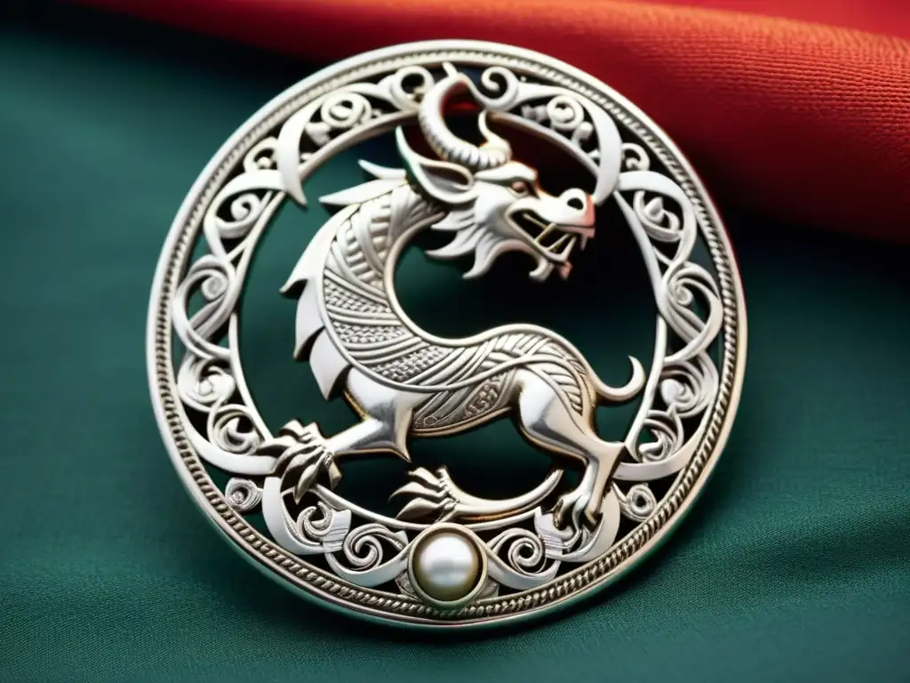 Broche vikingo de plata con dragones y bordado de seda, fusionando las culturas vikinga y asiática en un bullicioso mercado