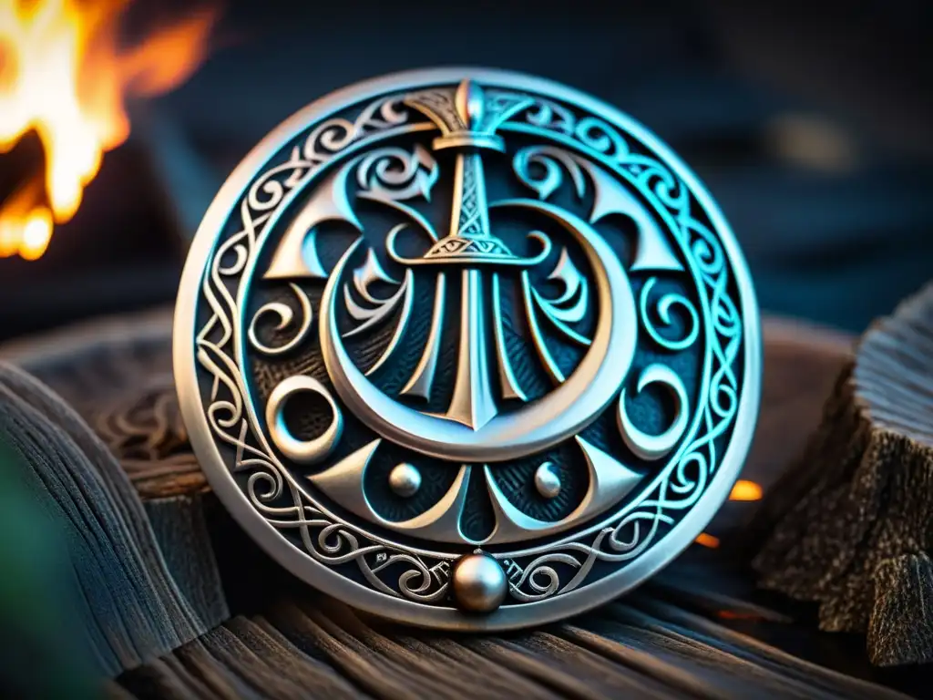 Broche vikingo de plata con escenas de batalla y drakkar, en casa vikinga iluminada por fuego