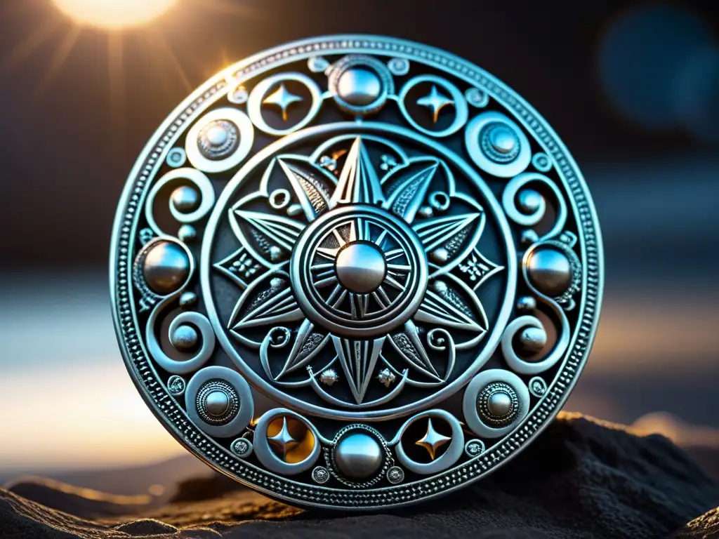 Una broche vikingo de plata con grabados de símbolos celestiales como estrellas, lunas y soles, reflejando la astrología en la joyería vikinga