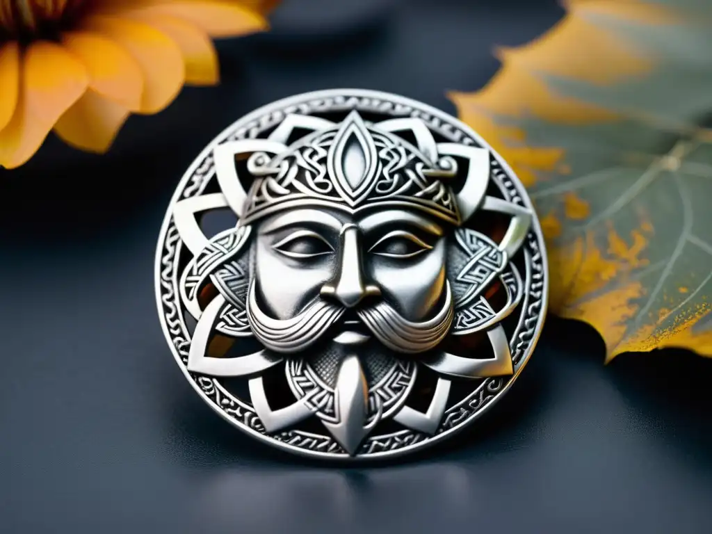 Broche vikingo de plata con influencia de la mitología nórdica en joyas, detallado y mítico