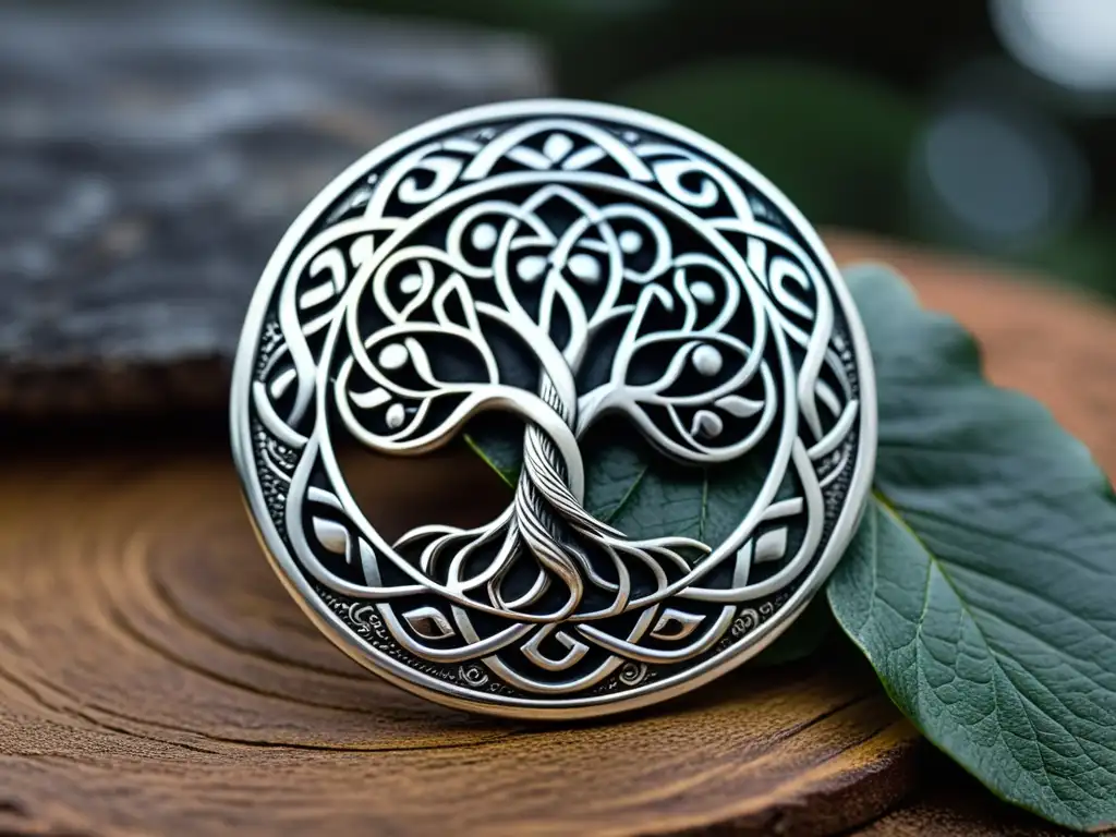 Un broche vikingo de plata con intrincados patrones del Serpiente de Midgard rodeando Yggdrasil