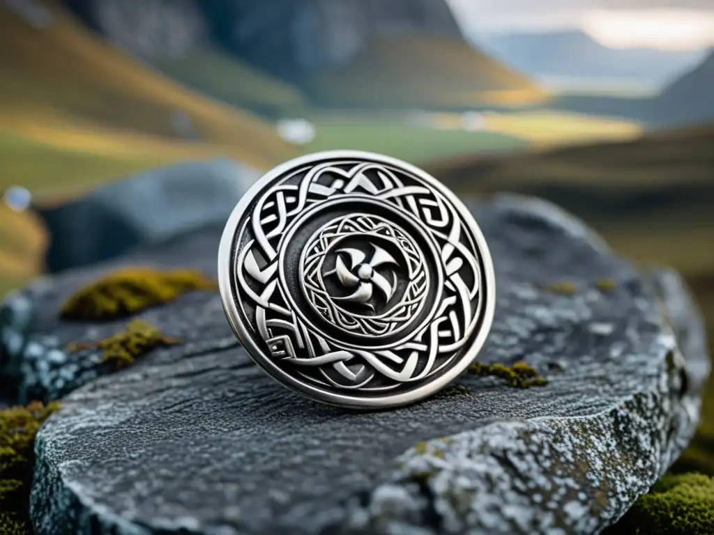 Broche vikingo de plata con filigrana en paisaje nórdico, ejemplifica arte vikingo