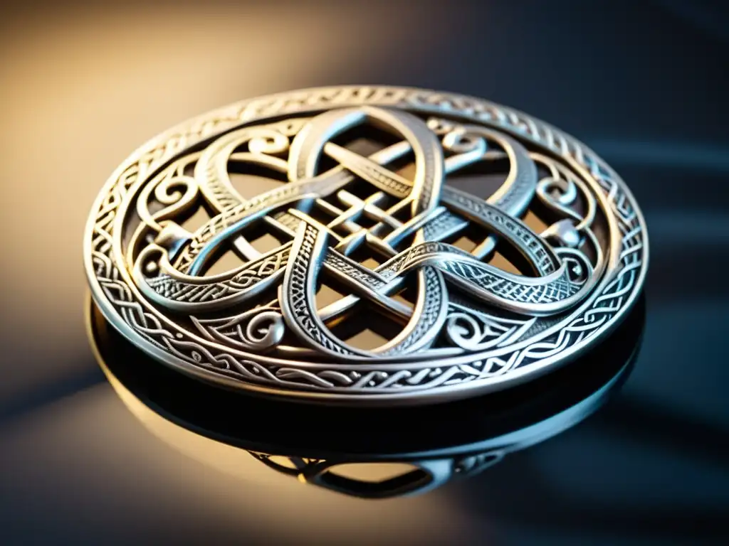 Broche vikingo de plata con patrones geométricos y serpientes entrelazadas, resplandeciendo en vitrina de museo
