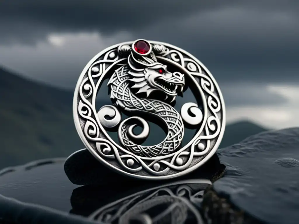 Broche vikingo de plata con la serpiente Jormungandr, símbolo de la joyería vikinga, en un escenario nórdico tormentoso