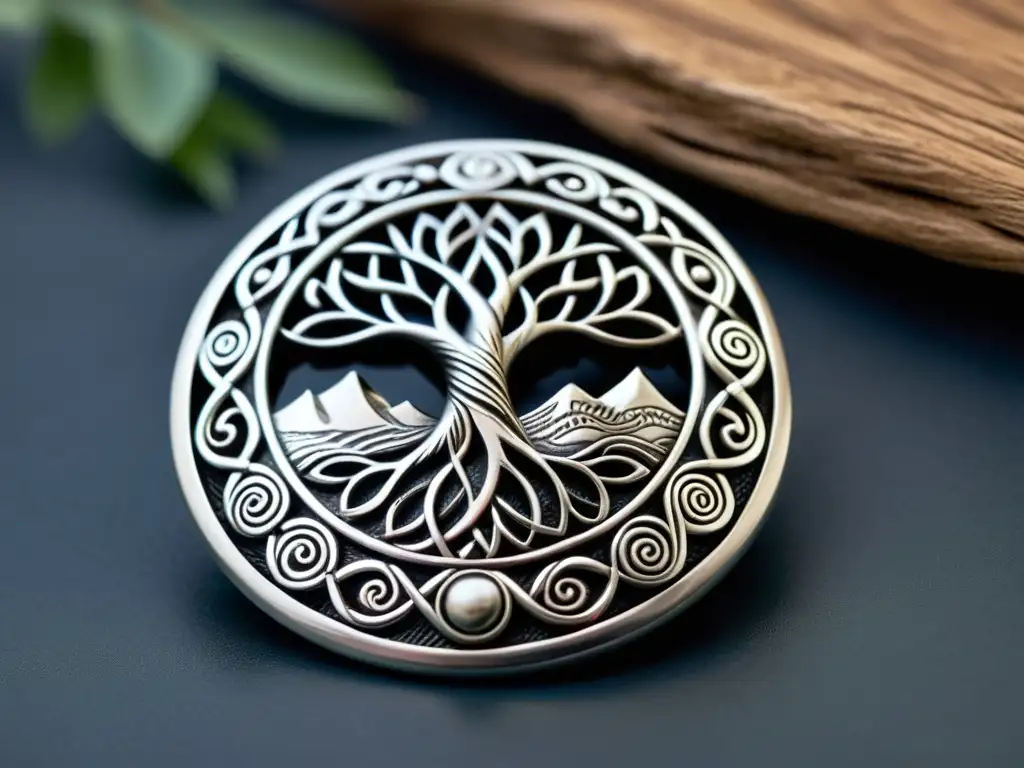 Broche vikingo plateado con el árbol de la vida Yggdrasil rodeado de símbolos de fuerza y protección