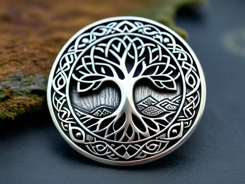 Broche vikingo plateado con inscripciones rúnicas y Yggdrasil, simbología mística joyas vikingas