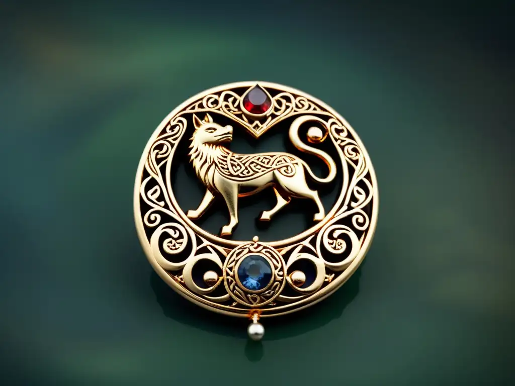 Broche vikingo exquisitamente tallado con motivos animales entrelazados y piedras preciosas, en paisaje nórdico