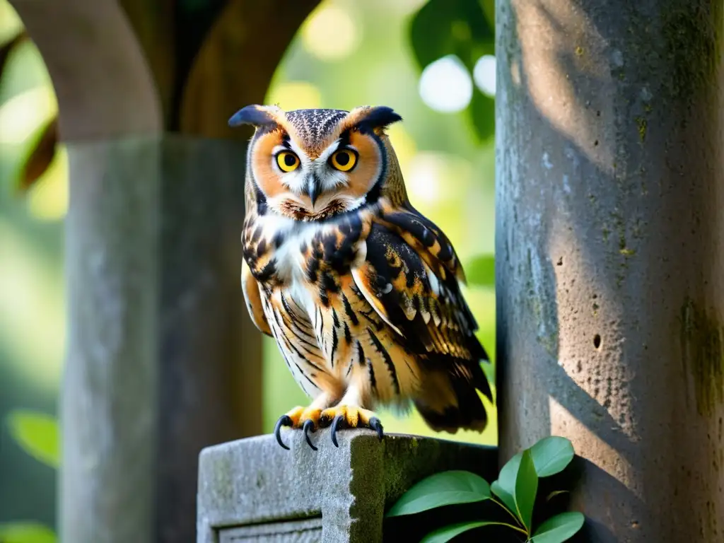 Un búho majestuoso posado en una columna de piedra, con plumas marrones y grises