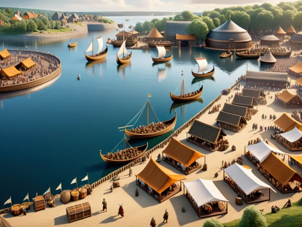 Descubre la bulliciosa Ciudad Comercial Vikinga de Birka en la Era Vikinga, con artesanos, comerciantes y barcos a orillas del lago Mälaren